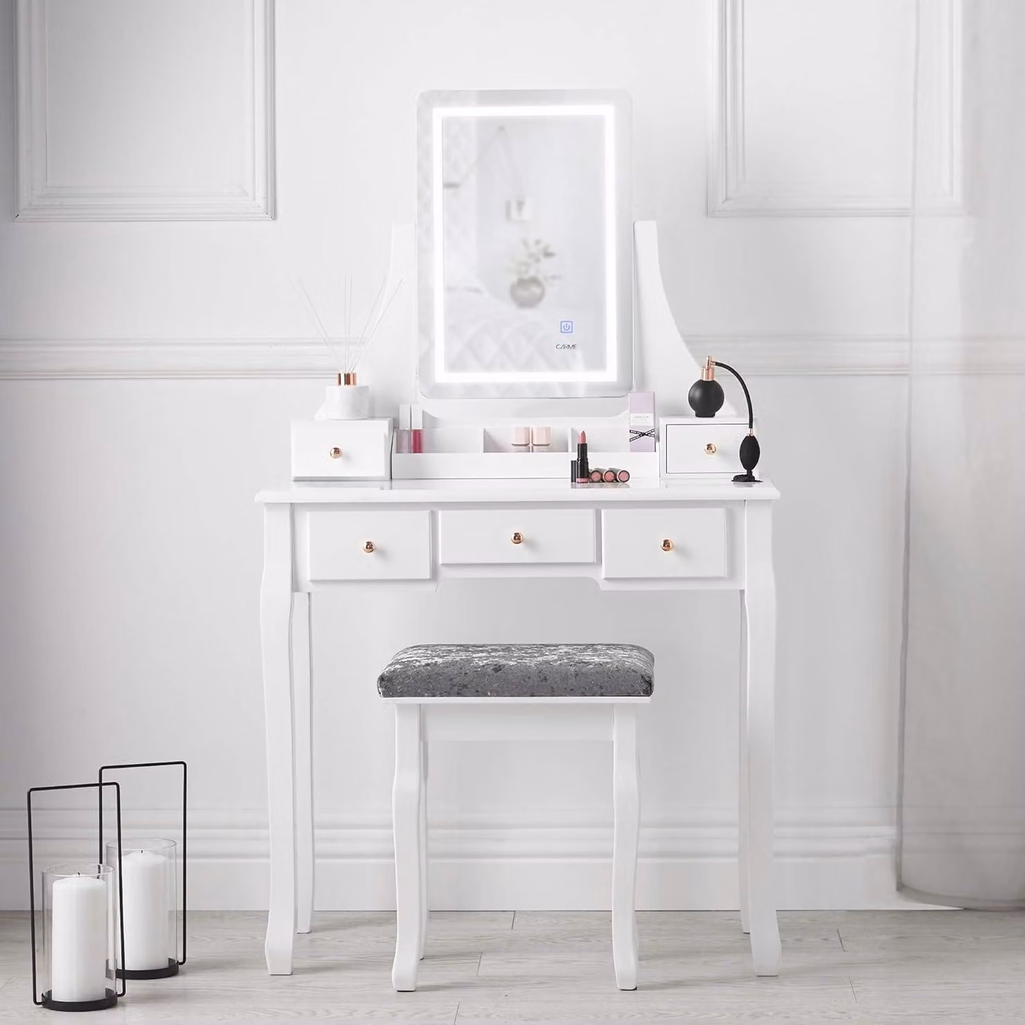 Comò elegante con specchio a LED con sensore touch e sgabello, dotato di 5 cassetti per trucchi e gioielli