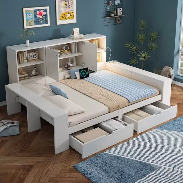 Letto contenitore 140x200 cm in MDF, compensato e truciolare bianco con USB e cassetti