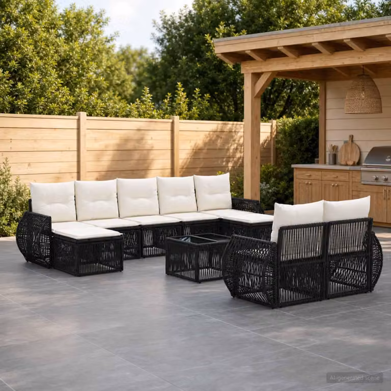 Maison Exclusive - Set da giardino composto da 10 pezzi. Divano da giardino in rattan sintetico, colore nero e crema