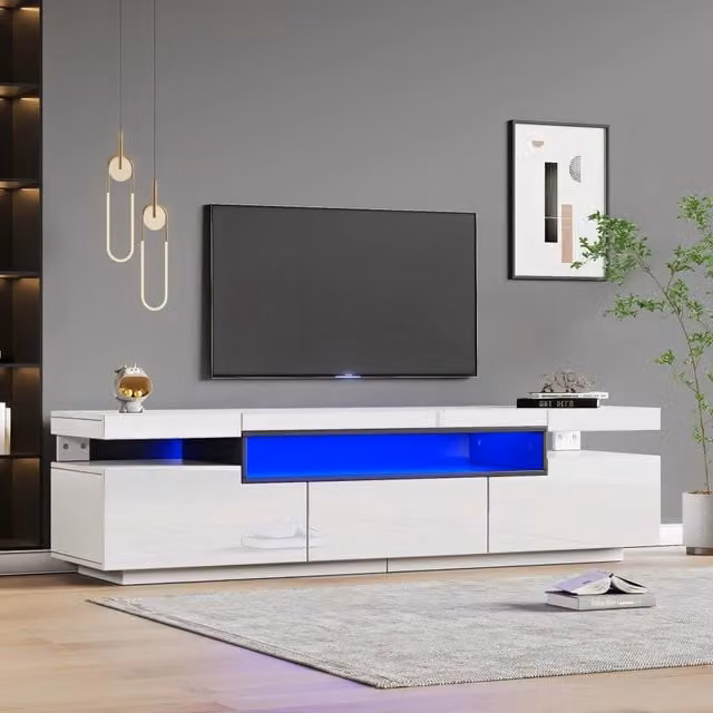 Mobile TV Minimal Bianco Lucido con Illuminazione LED 16 Colori e 3 Cassetti L: 160 cm, P: 39 cm, H: 42 cm