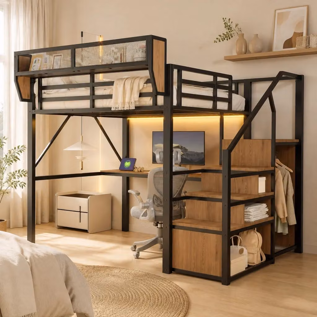 Letto a soppalco Mivray in metallo nero con scrivania, scala a gradini, vani laterali e illuminazione sottostante L/P: 140 x 200 cm – 2