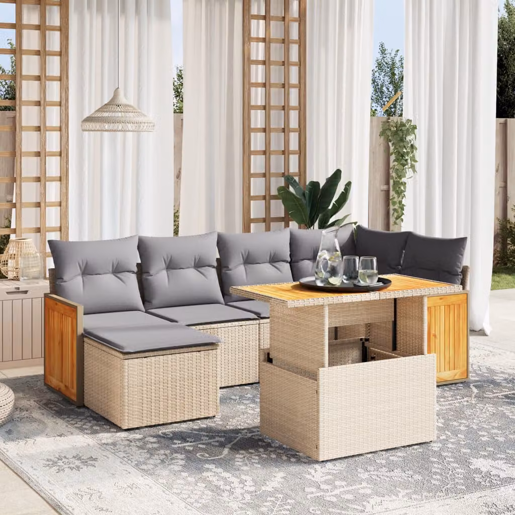vidaXL Set Divani da Giardino a L 7 pz con Cuscini Beige e Tavolino in Polyrattan e Legno di Acacia – 1
