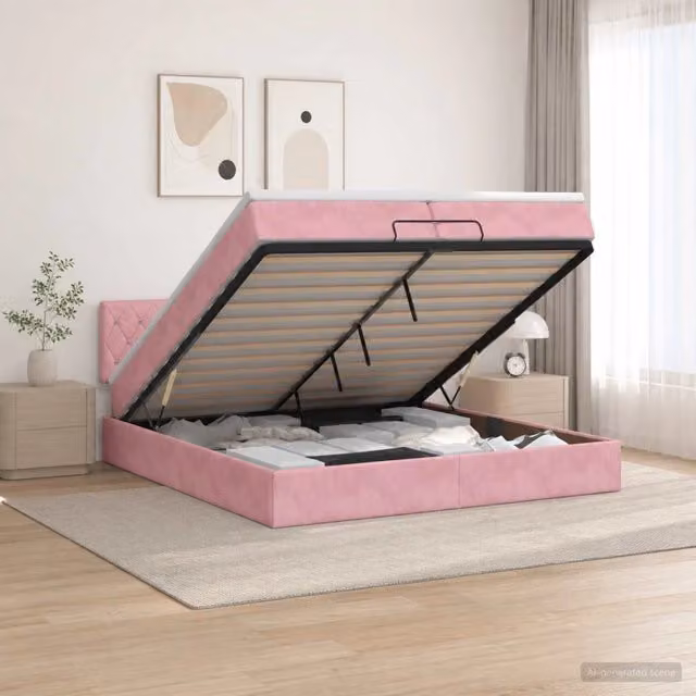 Letto ottomano moderno vidaXL in velluto rosa con base a sollevamento L: 200 cm, P: 200 cm, H: 140 cm