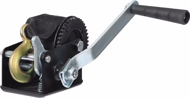 Argano manuale - Manuale - Forza di trazione 360 kg - Cinghia 5 m - Larghezza cinghia 50 mm - Rapporto di trasmissione 3,2:1 - Foro di montaggio M10 - Acciaio al carbonio - Nero