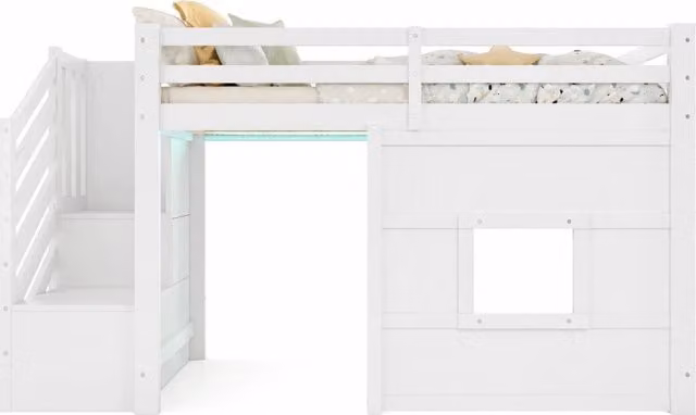 Letto a castello REDOM per bambini in legno e MDF bianco con scala contenitore, vani laterali e illuminazione LED, L/P/H: 200 x 90 x 175 cm