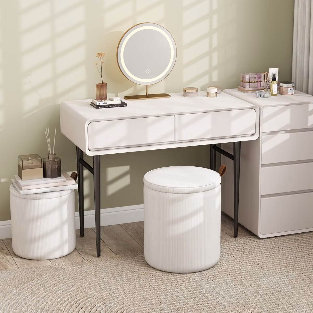 Set di 2 Pouf rotondi Costway con contenitore, sgabelli impilabili in velluto a coste bianco con coperchi removibili