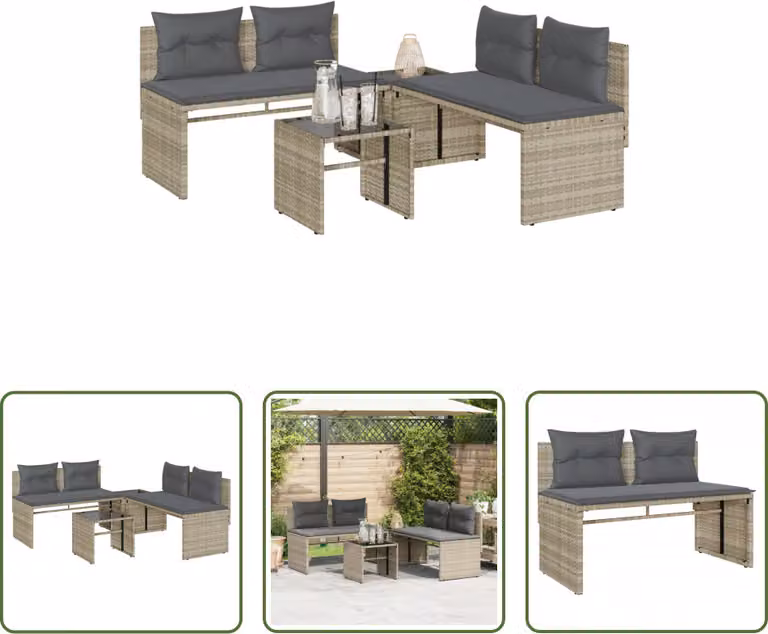 The Living Store Set di divani da giardino 4 pezzi con cuscini in rattan grigio chiaro