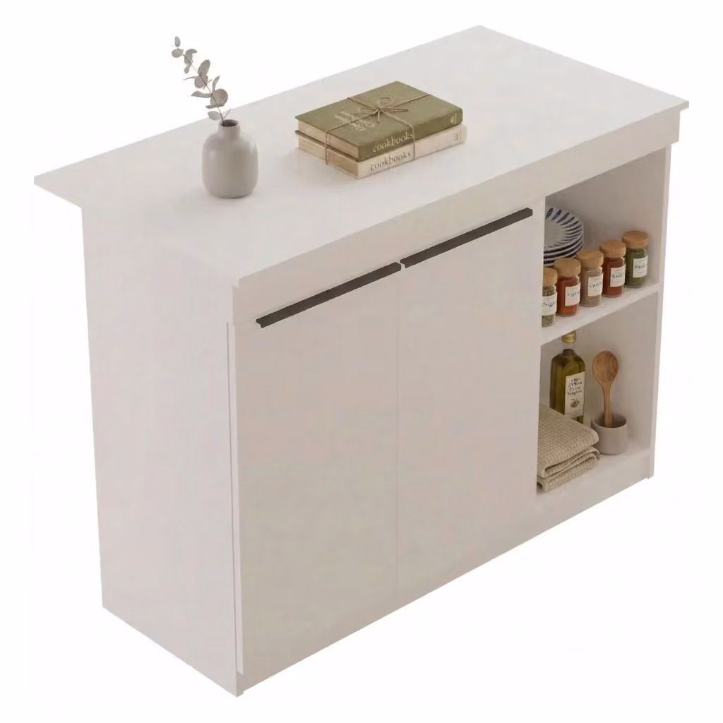 Isola da cucina DMORA Corsico con 2 ripiani e ante a battente, Bianco, L: 120 cm, P: 60 cm, H: 88 cm – 2