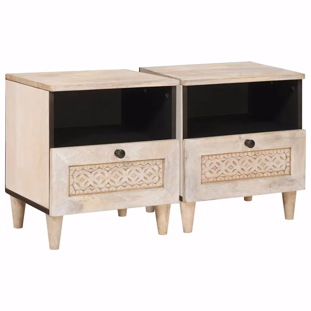 Set di 2 comodini vidaXL in legno di acacia e mango stile rustico, colore bianco e beige, L 40 cm x P 33 cm x H 46 cm