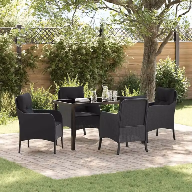 Set da pranzo per giardino e terrazzo vidaXL in 5 pezzi in polyrattan nero con piano in vetro