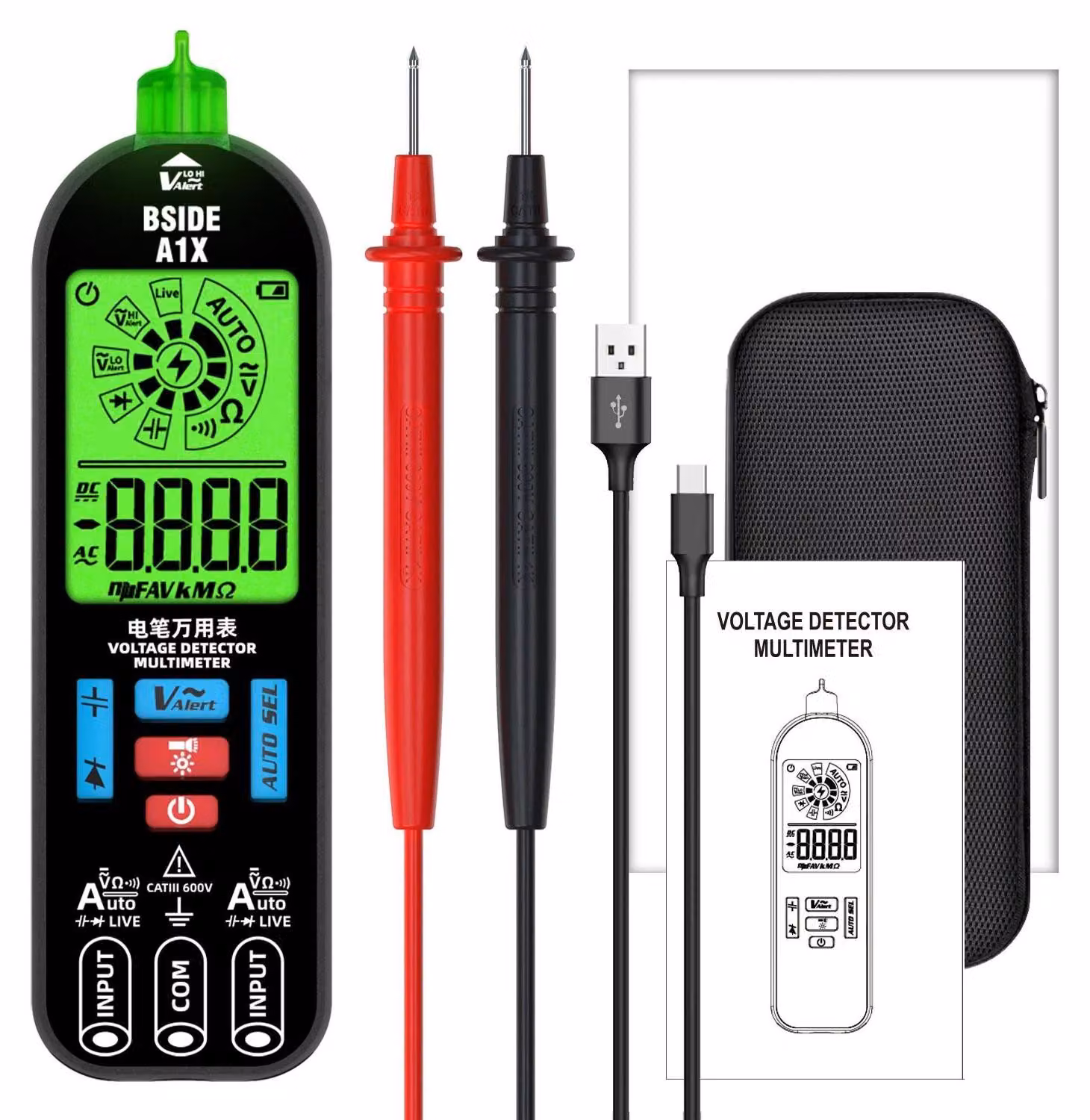 Tester di tensione, display digitale, rilevamento senza contatto, A1X con custodia