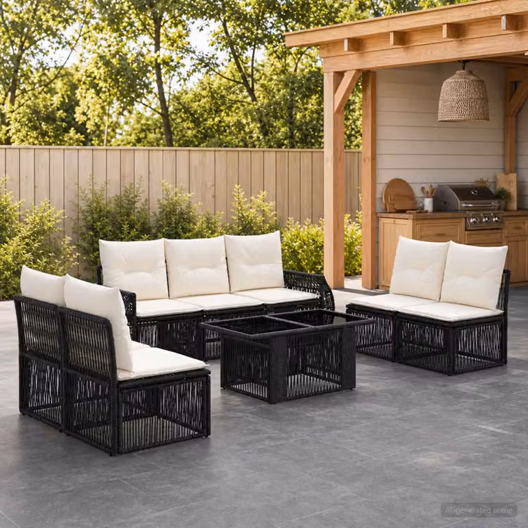 Set Divano da Giardino vidaXL 8 pz a Forma a L con Tavolino, Colore Nero e Bianco Crema, Struttura in Metallo e Polyrattan con Cuscini Inclusi