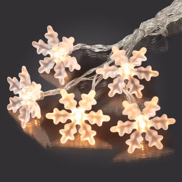 Catena luminosa a forma di fiocchi di neve a LED, 10 LED bianco caldo, lunghezza 1,35 metri, grado di protezione IP20