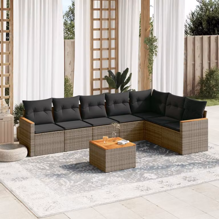 vidaXL Set Divano da Giardino 8 pz in Polyrattan Grigio con Cuscini e Tavolino da Esterno