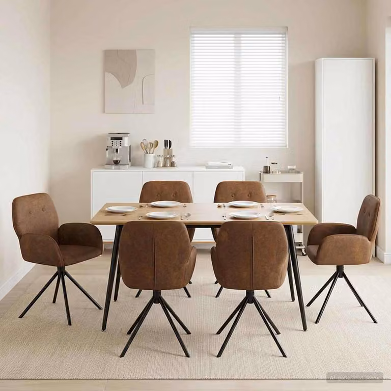 Set di 6 sedie da pranzo girevoli vidaXL in pelle scamosciata sintetica marrone con braccioli e base in metallo