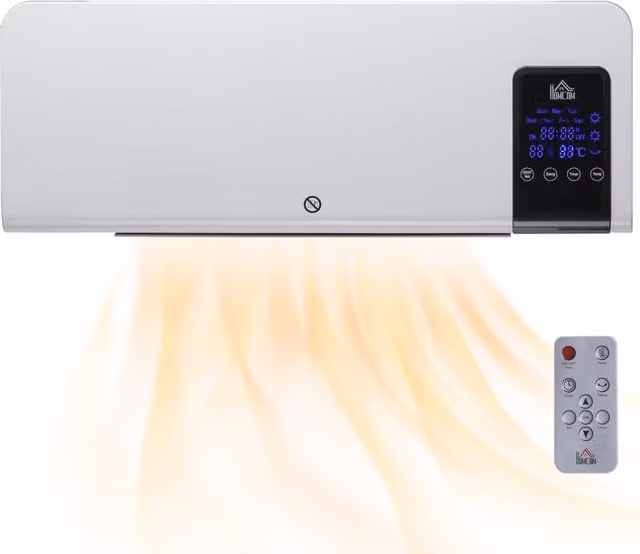 Termoventilatore da parete oscillatorio HOMCOM con timer e telecomando, Bianco, L: 54.5 cm, H: 21.5 cm, P: 12 cm