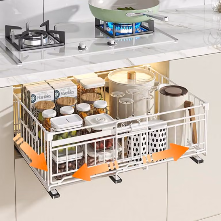 Organizzatore estensibile per cucina, cassetto telescopico da 32,5 a 50 cm, colore bianco, materiale: metallo