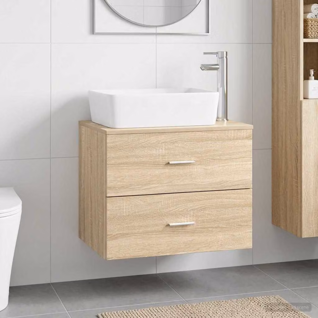 Set di mobili per il bagno moderno vidaXL in legno MDF color rovere beige con base sospesa e cassetti