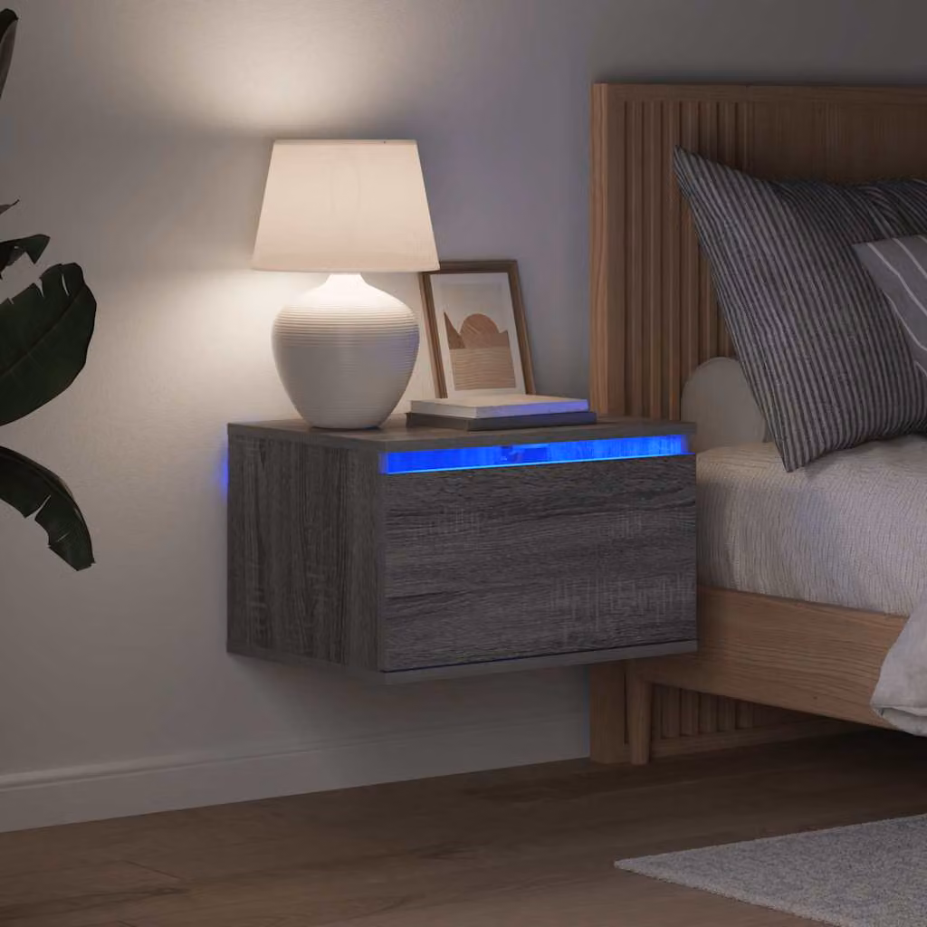 Set di 2 comodini da parete vidaXL con luci LED integrate, colore Grigio Sonoma