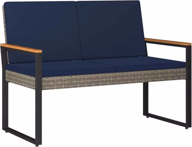 Panchina da esterno moderna in rattan e metallo con braccioli, Grigio e Blu, L: 107 cm, P: 61 cm, H: 80 cm – 1