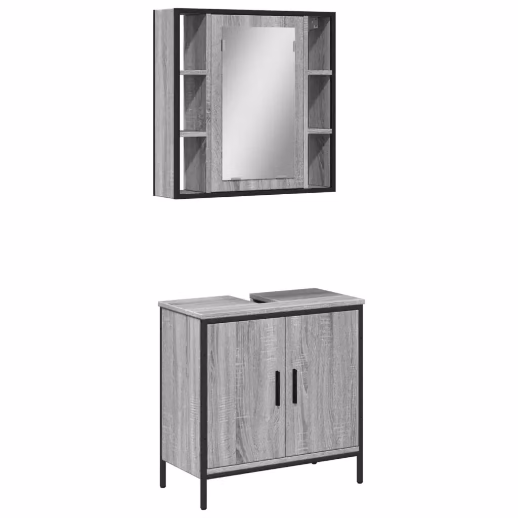 Set Mobili da Bagno Moderno vidaXL in Grigio con Mobile Lavabo e Armadietto Specchio in Legno e Metallo – 2