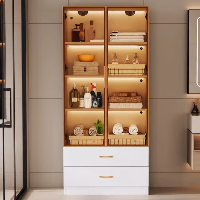 Mobile bagno medio 75 cm con striscia luminosa, 2 grandi cassetti e 2 ante, anta in vetro