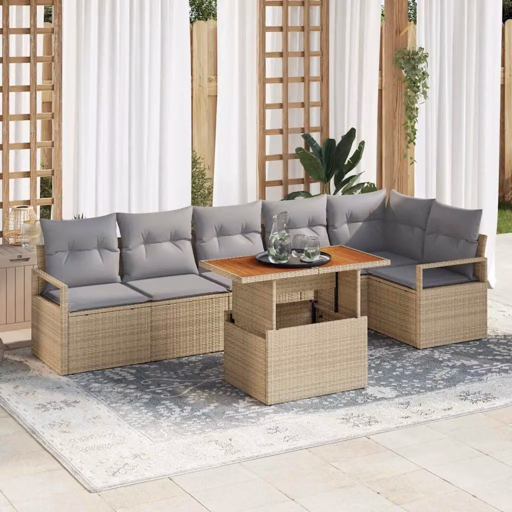 Set Divano da Giardino vidaXL 7 Pezzi a Forma di L con Tavolino, Polyrattan e Cuscini, Beige