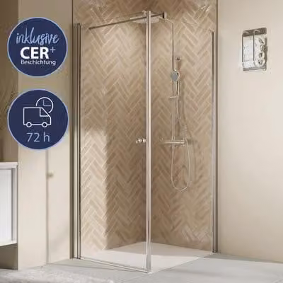 Porta doccia laterale a battente ELANA 2.0 Express Q72, dimensioni 90 x 200 cm, profilo argento, vetro trasparente con trattamento anti-sporco
