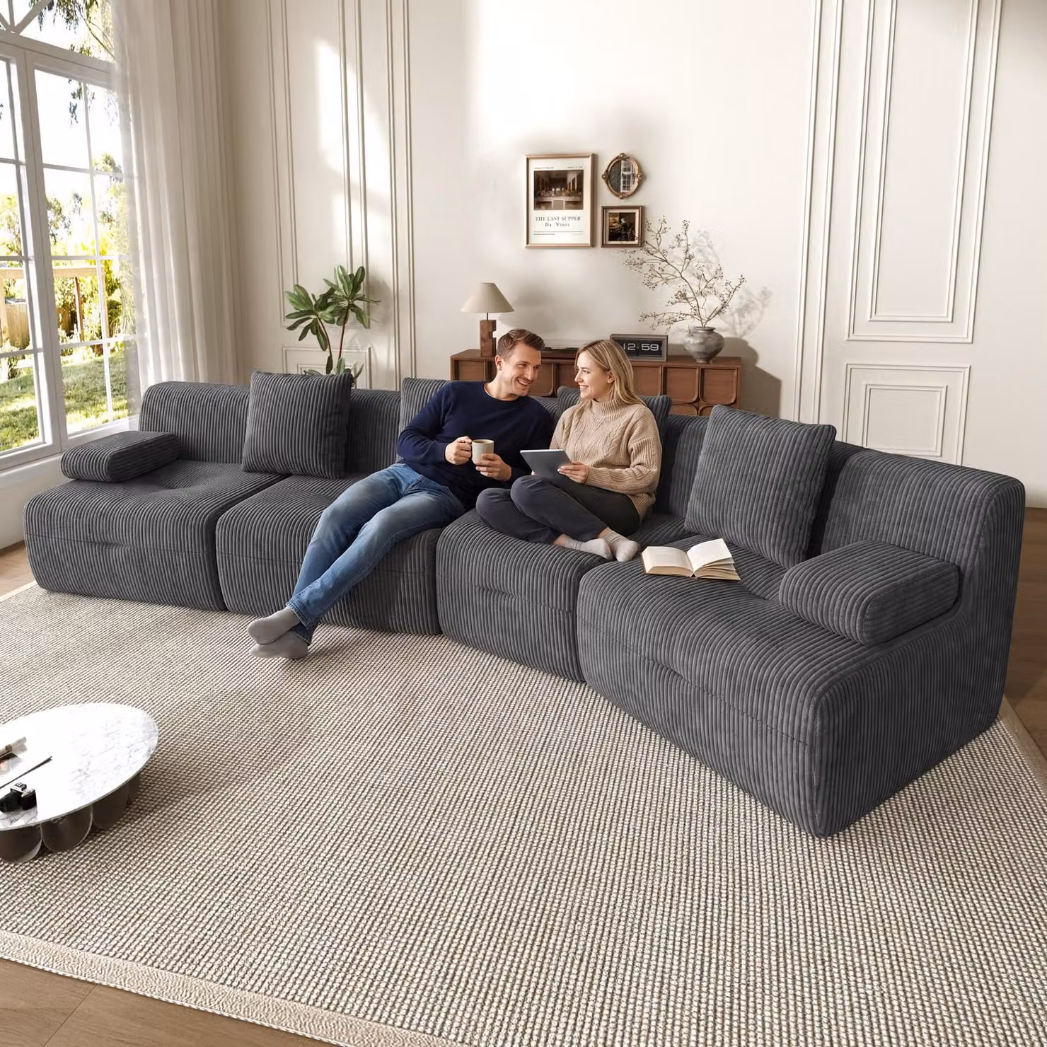 Divano modulare Merax, rivestito in tessuto corduroy, con 4 moduli componibili, divano imbottito che non richiede montaggio, capacità di carico di 400 kg, dimensioni 311x90x65 cm, colore grigio