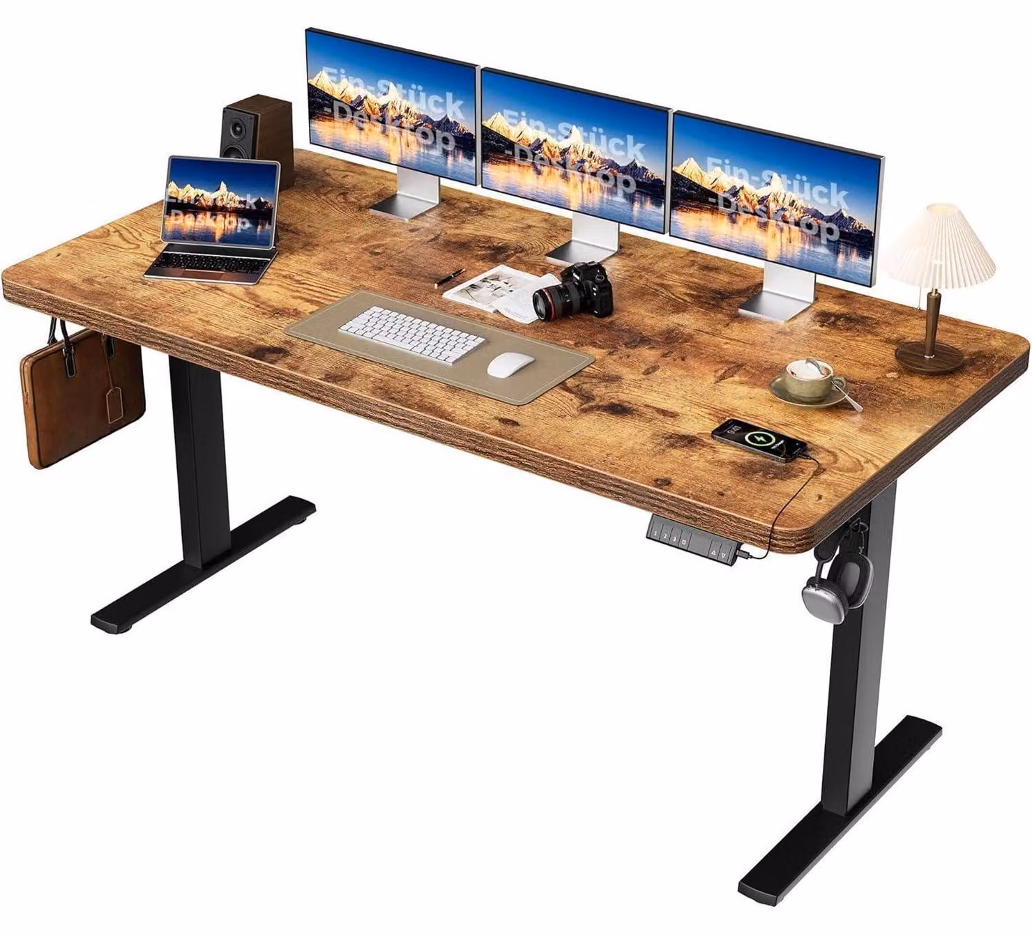 Scrivania regolabile in altezza, dimensioni 160x80 cm, con 2 motori, piano di 28 mm di spessore, 3 memorie e finitura marrone