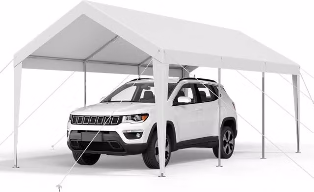 Riparo per auto da esterno 3,05 x 6,09 x 2,87 m, tettoia in acciaio zincato e PE bianco resistente, per giardino e veicoli