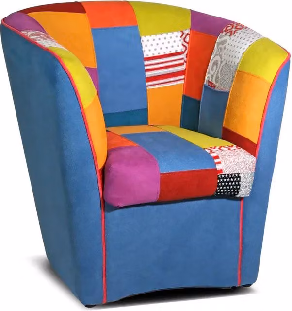 Poltrona modello Tub Redokasa in stile Boho con braccioli, tessuto multicolore blu con fantasia astratta e struttura in legno robusta