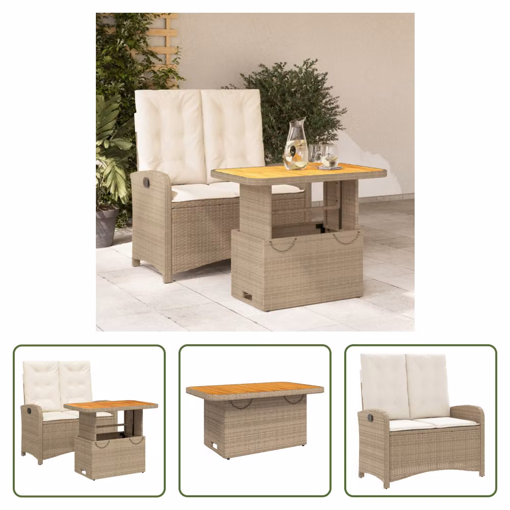 The Living Store Set da pranzo da giardino a 2 pezzi con cuscini Beige poly rattan