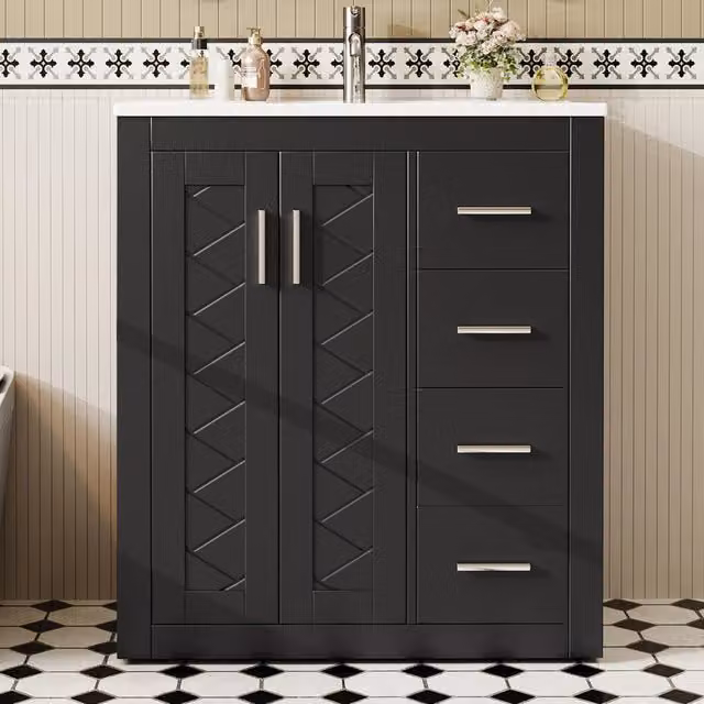 Lavabo da appoggio 76x46,5x85,5 cm nero, verniciato completo con lavabo integrato, 3 cassetti scorrevoli silenziosi e ante doppie con cerniere soft-close