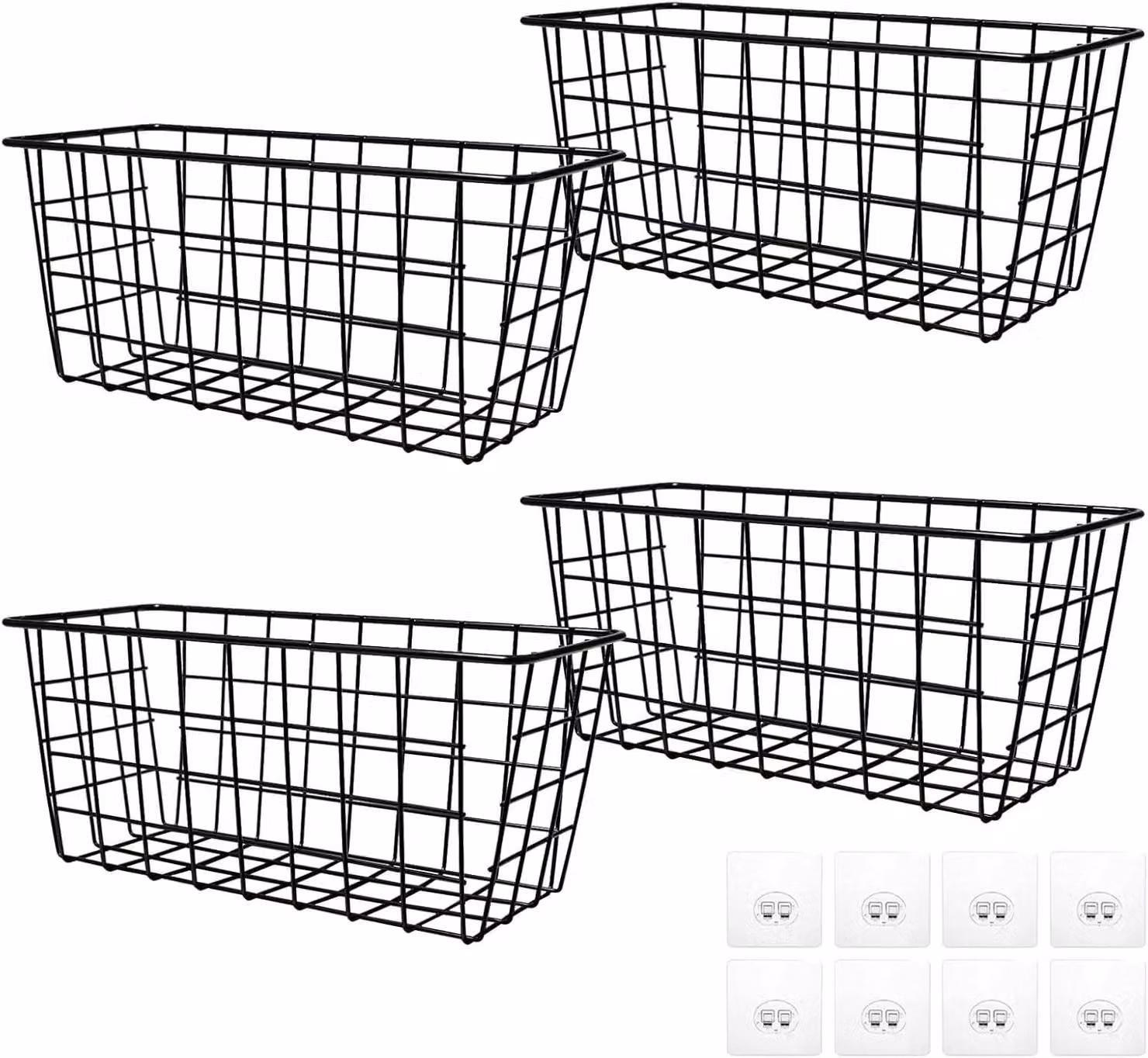 Cesti portabiancheria, set da 4 pezzi, dimensioni 28x12x12,5 cm, metallo nero, con ganci adesivi, ideali per la cucina