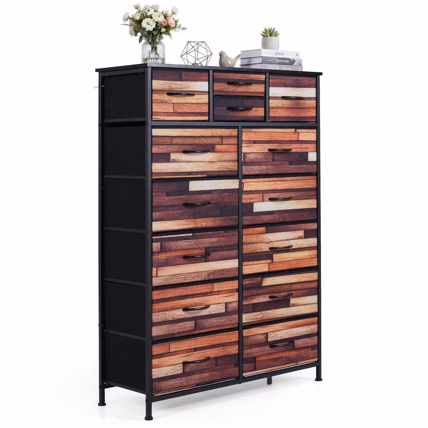 Comodino COSTWAY con 14 cassetti, cassettiera con rivestimento in tessuto, struttura in metallo e finitura in legno, mobile contenitore, 85 x 30 x 120 cm