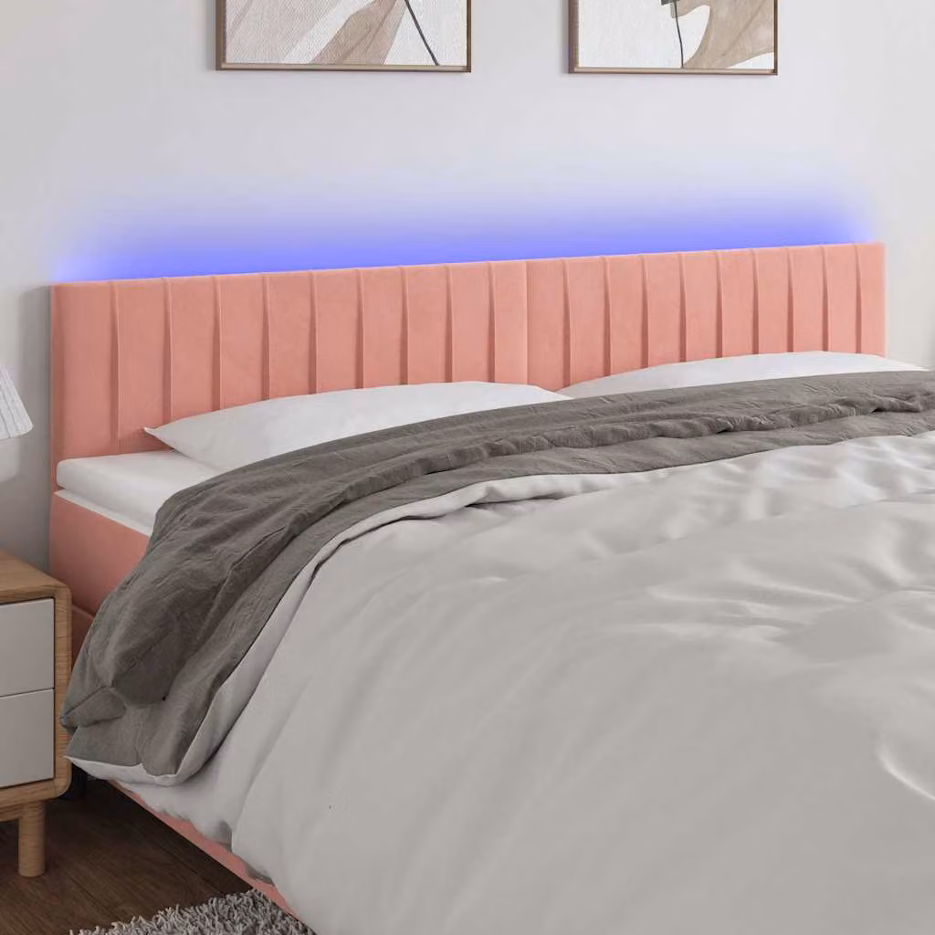 Testiera per letto vidaXL in velluto rosa con illuminazione LED e porta di ricarica USB, L: 200 cm, P: 5 cm, H: 78-88 cm