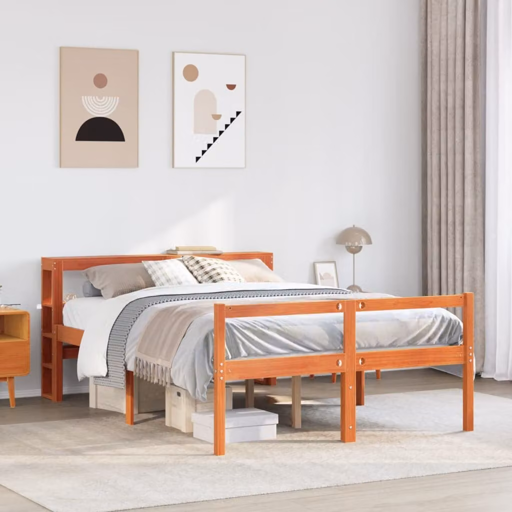 vidaXL Giroletto con Testiera in Legno di Pino Massello Marrone Cera L/P/H: 140 x 190 cm