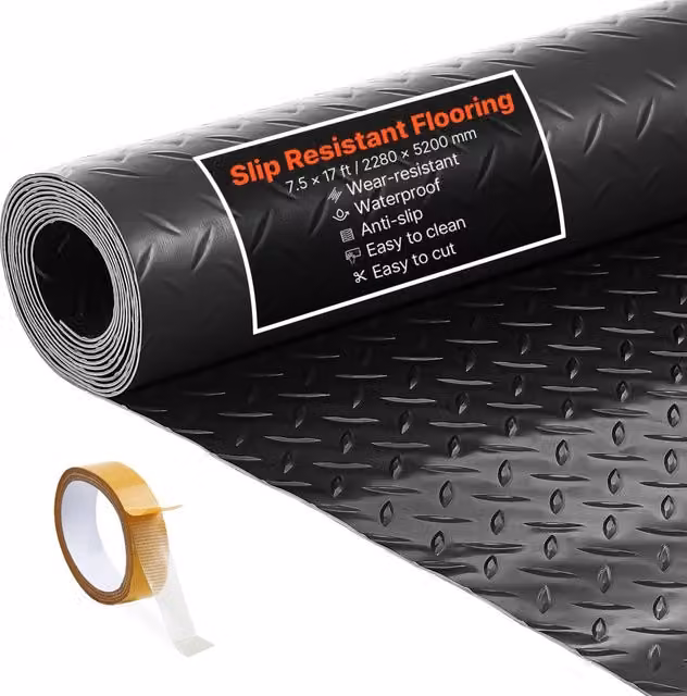 Rivestimento Pavimento in PVC Antiscivolo 2,28 x 5,2 m, Tappeto Protettivo Diamantato 2,2 mm con Nastro Biadesivo, per Garage e Magazzino, Nero
