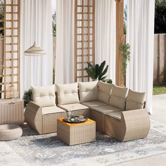 Set Divano da Giardino a L vidaXL in Polyrattan con Cuscini Beige e Tavolino da Esterno 6 pz – 1