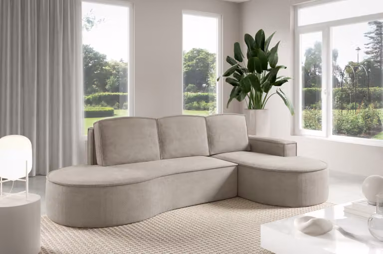 Divano angolare GUTTO MOLLY con forme arrotondate, rivestito in velluto color cappuccino: un design moderno e di tendenza! Novità 2025 (con funzione letto)