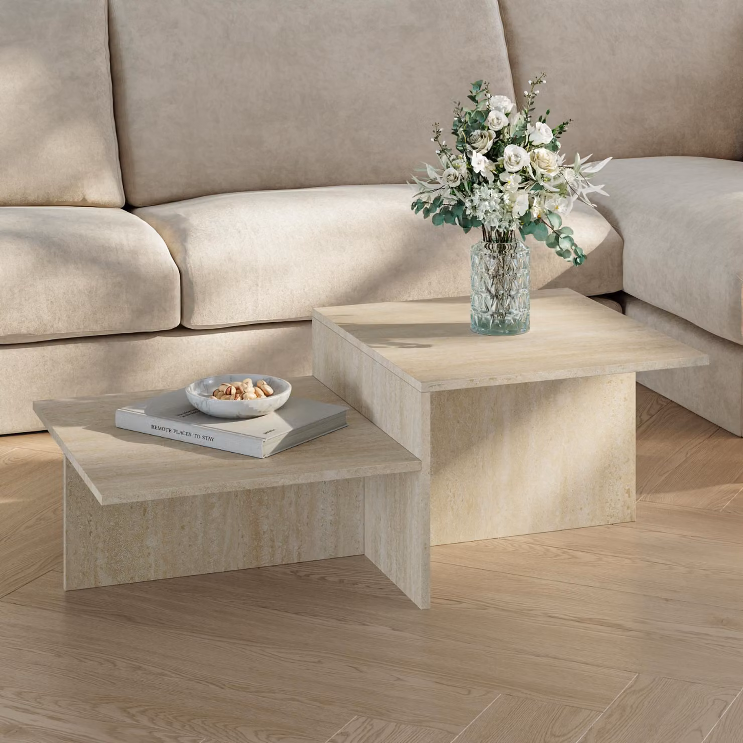 Tavolino 'Taniena' con doppio piano quadrato 100 x 55 x 35 cm Travertino