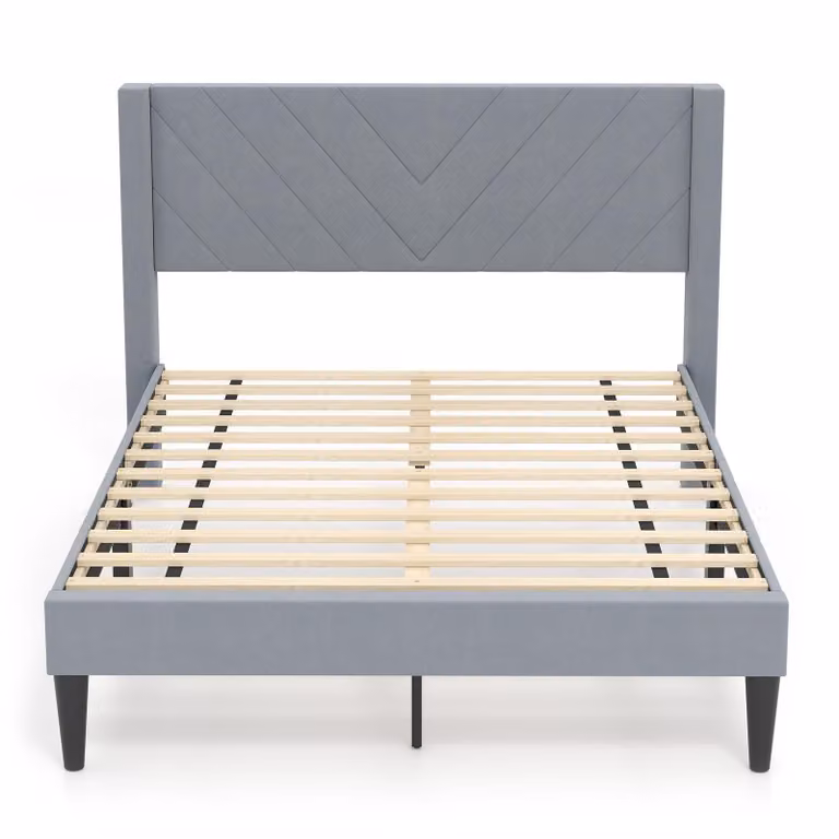 Struttura letto COSTWAY per materasso 200x140cm, struttura letto matrimoniale imbottita, letto a piattaforma con testiera, rete a doghe e cuscino per i piedi, grigio, modello V, L