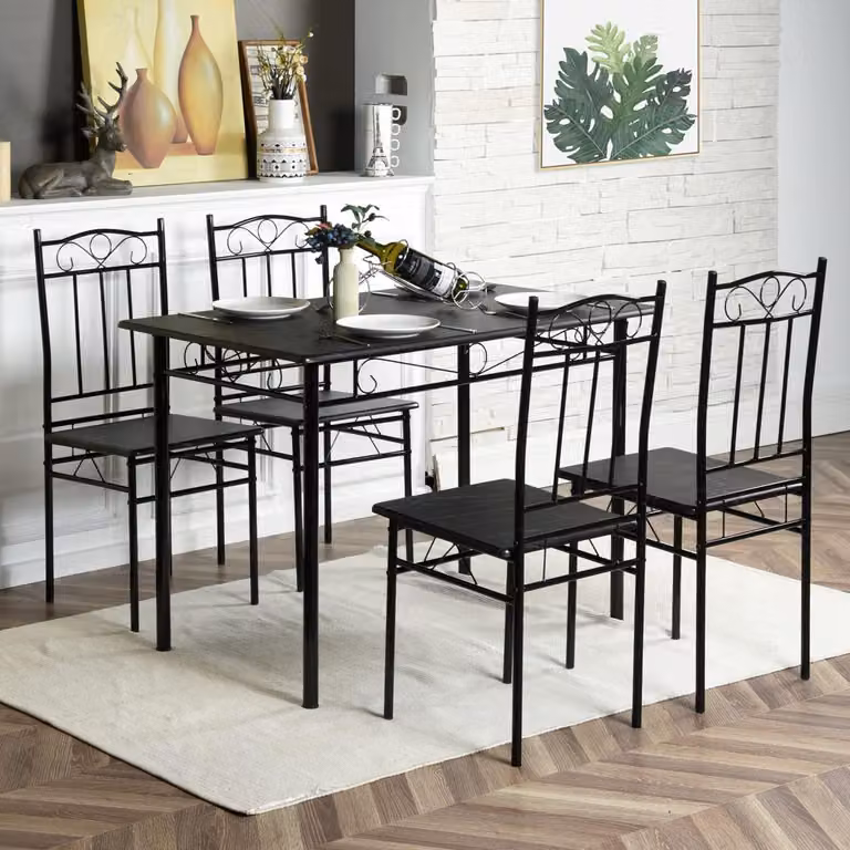 Set tavolo da cucina con 4 sedie, finitura effetto marmo nero, gambe in metallo, tavolo da pranzo di 109 cm