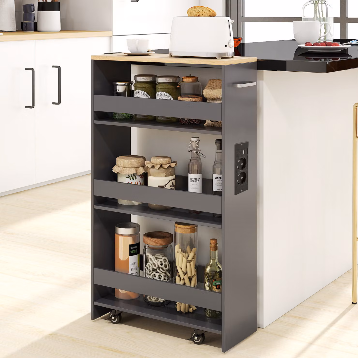 Carrello da cucina stretto a sfilo Costway con 4 ripiani, stazione di ricarica e ruote bloccabili, Grigio