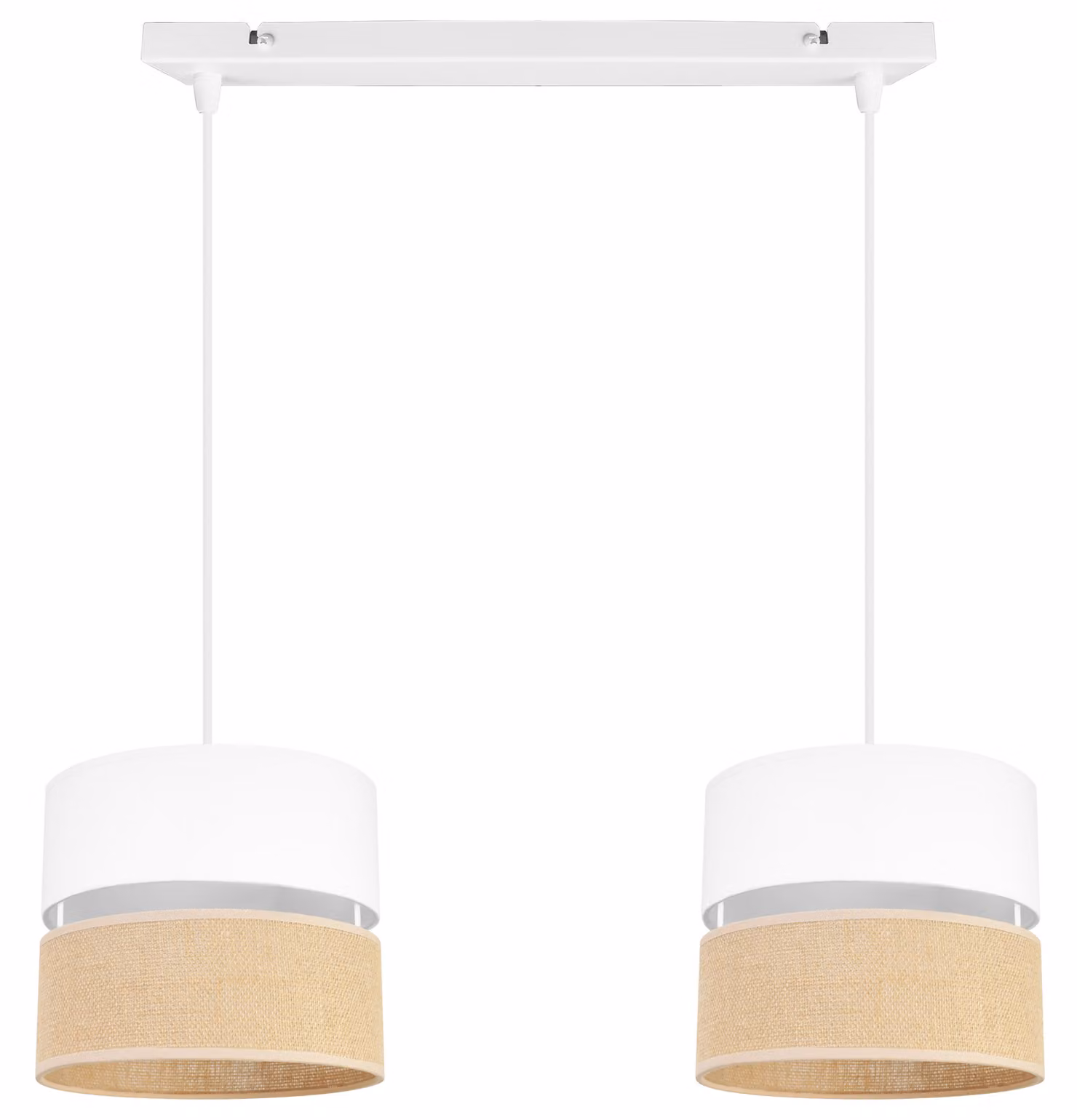 Light-Home Juta lampada a sospensione - Metallo con paralume in tessuto - E27 - Classica a 2 lampadine da 20 cm - Base bianca e juta e bianco