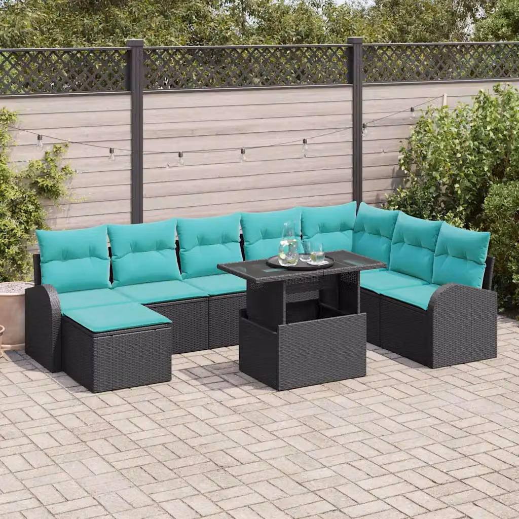 Set Divano da Giardino vidaXL 9 pz in Rattan con Cuscini Turchesi e Nero