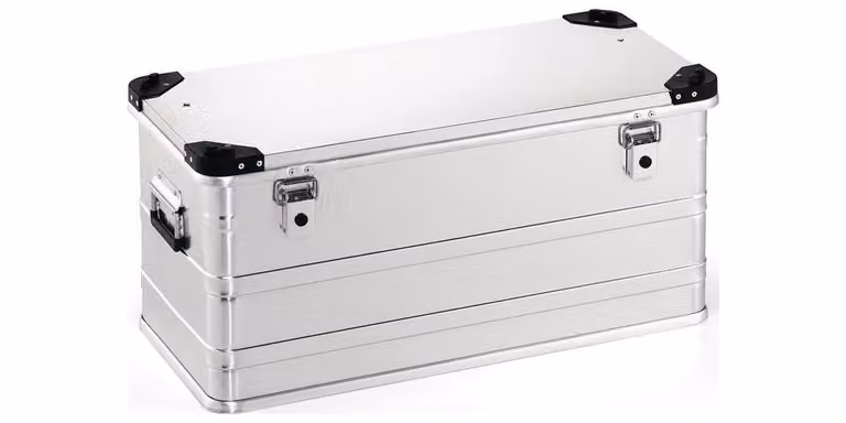 Cassetta in alluminio L782xL385xH380mm 91 l con coperchio incernierato e angoli impilabili
