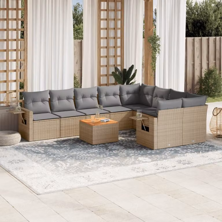 vidaXL Set Divano da Giardino 10 pz in Polyrattan con Cuscini Beige e Grigio