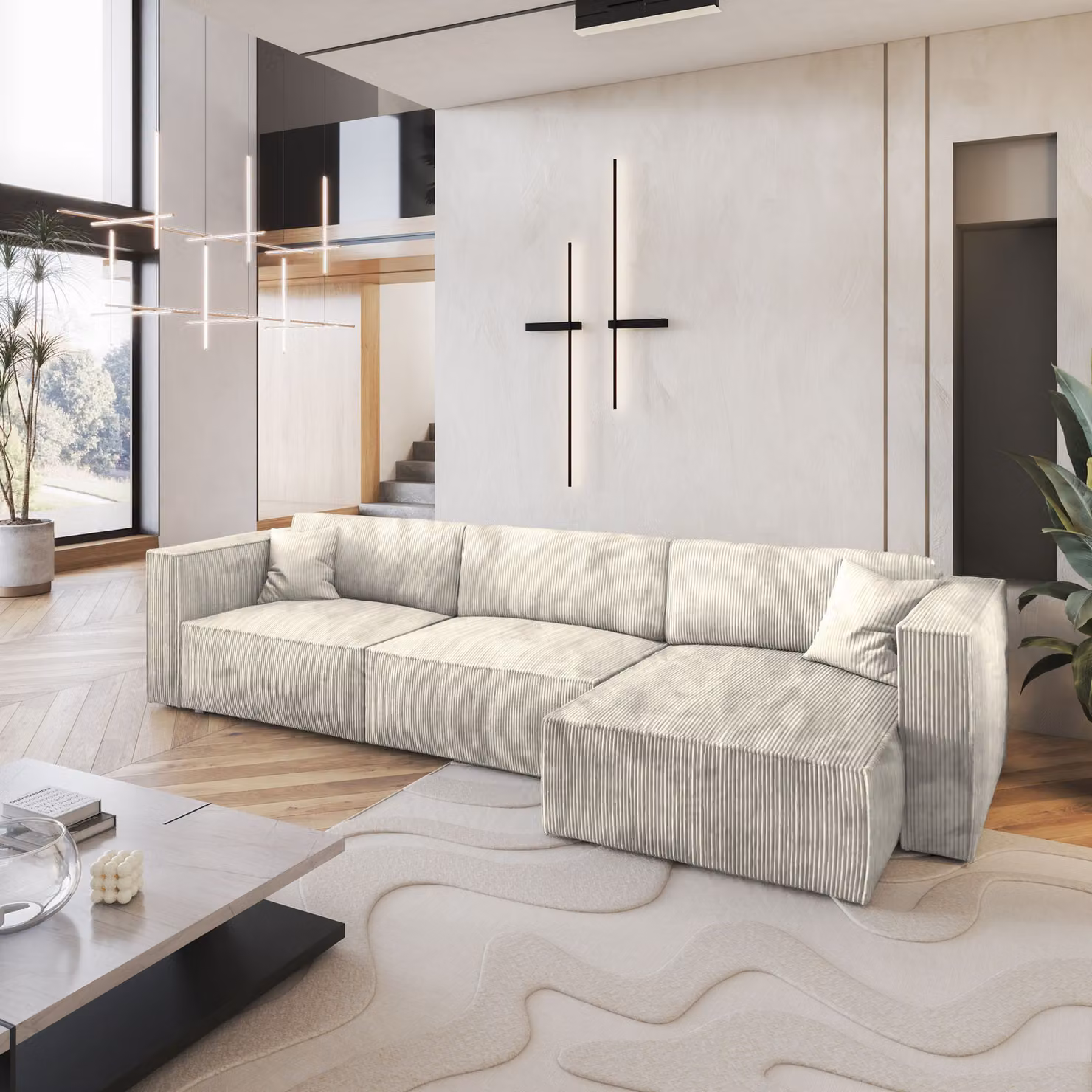 Divano angolare TOLMO P di Masseno con funzione letto a L, divano con box letto, divano da soggiorno, divano, divano letto, set di divani - crema, POSO 100